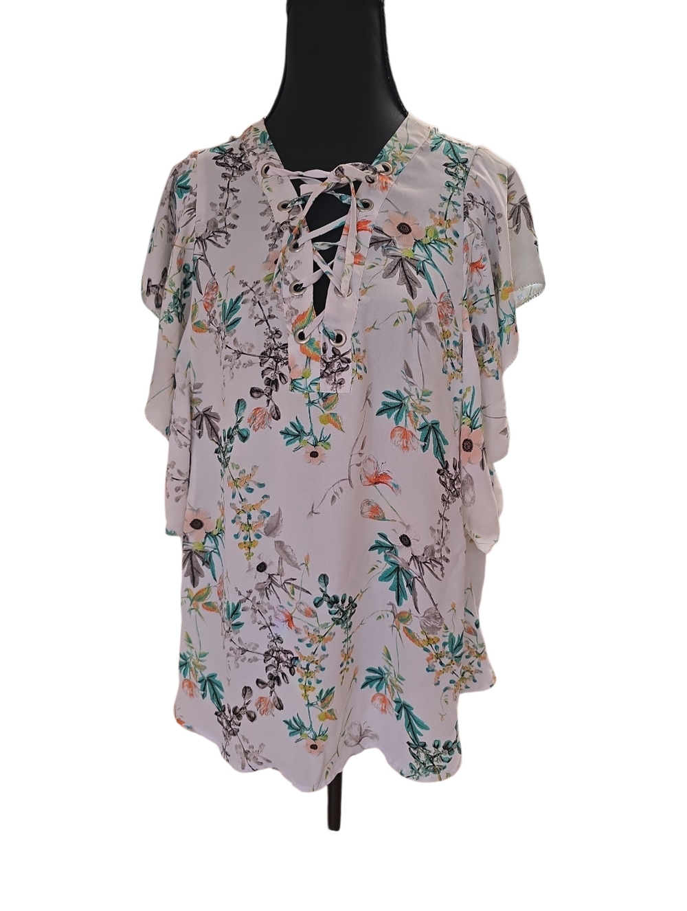 a.n.a  White Floral Lace-Up Blouse With Flutter Sleeves XL
